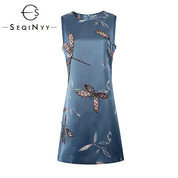 

SEQINYY Blue Dress 2020 Summer Spring New Fashion Design Beading Slim High Quality Flower Jacquard Mini Vest Dress