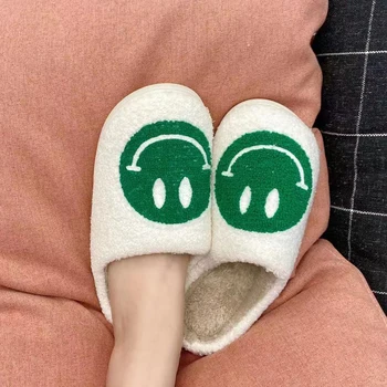 Women Fluffy Fur Slippers Big Smile Floor Slipper Short Plush Fleece Flat For Couple Shoes Black Lady Indoor Slippers 4