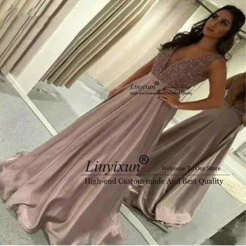 

Elegant Hot Pink Women's Evening Dress 2020 Party Gowns V Neck Elastic Satin Sequined Backless Long Formal Prom Dresses