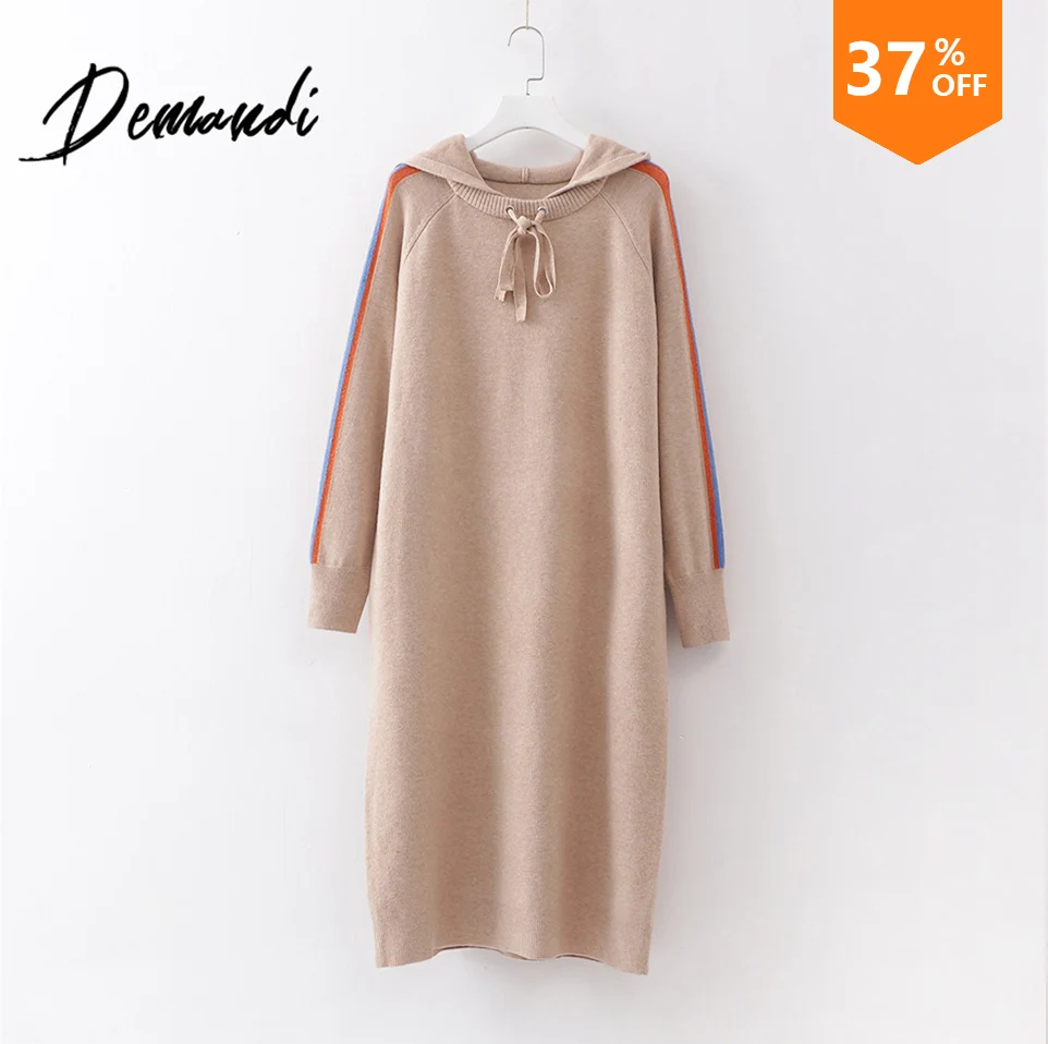 

DEMANDI Sweaters Women's Caps Fall 2019 New Sports Style Stripe Stitching Long Sleeve Caps Straight Tube Knitted Sweater Dresses