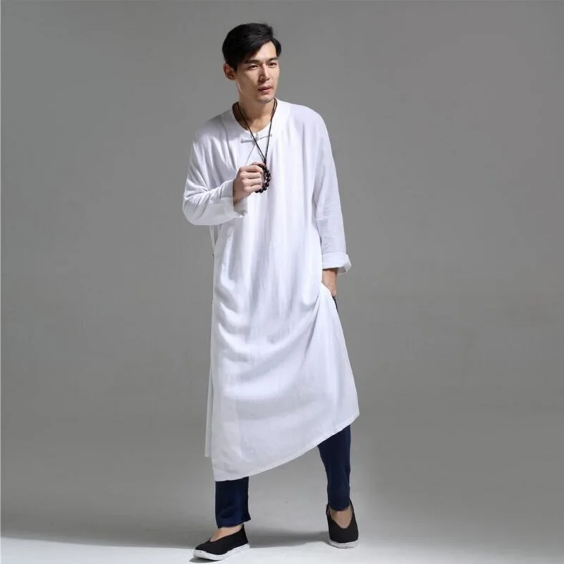 Мужская льняная рубашка средней длины свободная Асимметричная верхняя одежда