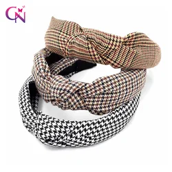 CN Classic Plaid Houndstooth Headband For Women Girls Fabric Wide Knot Hairbands Hairpins Retro Hair Accessories
