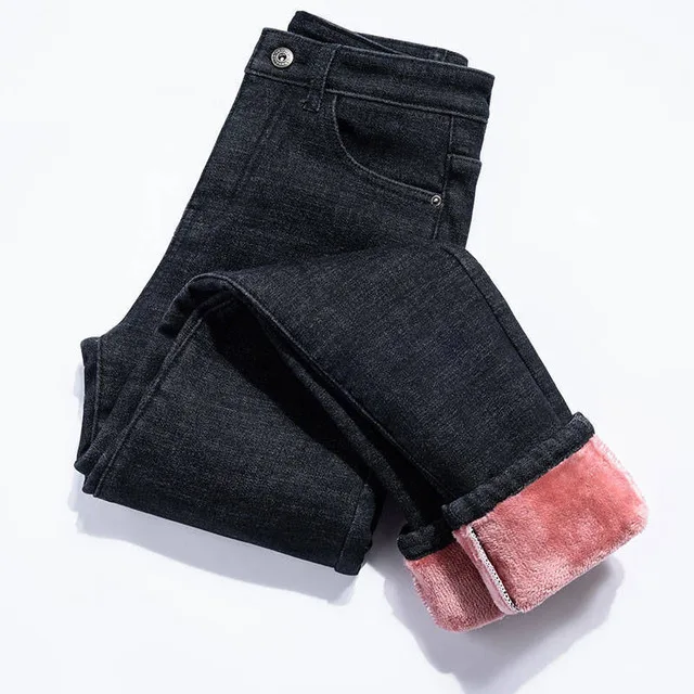 Streetwear noir épaississant velours taille haute jean chaud pour