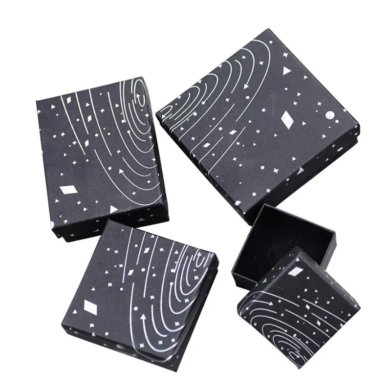

24pcs Black Kraft Jewelry Display Boxes for Necklace/Ring/Bracelet Gift Packaging Print Silver Stars Paper Boxes Christmas Gift