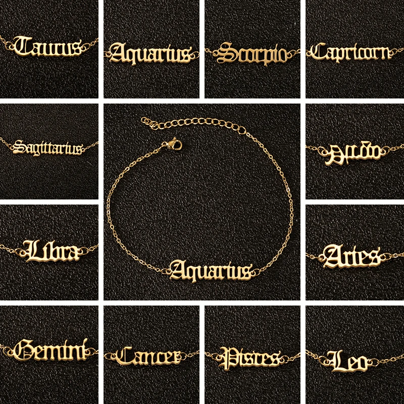 Old English Punk Charm Anklets Classic Letter Ankle Bracelet Stainless Steel 12 Constellation Jewelry Women 12 Zodiac Sign Gift Old English Punk Charm Anklets Classic Letter Ankle Bracelet Stainless Steel 12 Constellation Jewelry Women 12 Zodiac Sign Gift