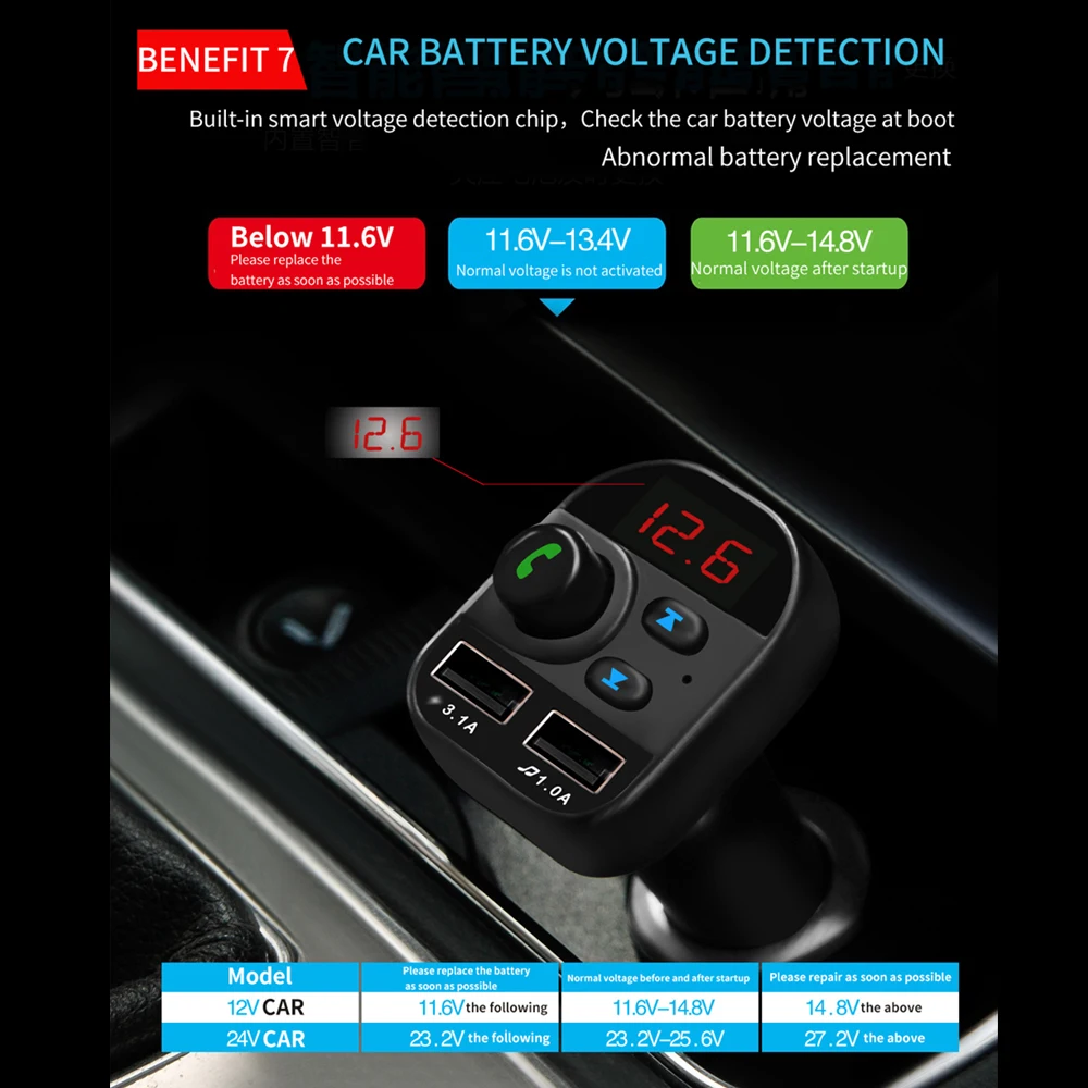 FM передатчик Bluetooth BT5.1 автомобильный комплект MP3-плеер светодиодный двойной USB Автомобильное зарядное устройство дисплей напряжения Micro SD TF воспроизведение музыки