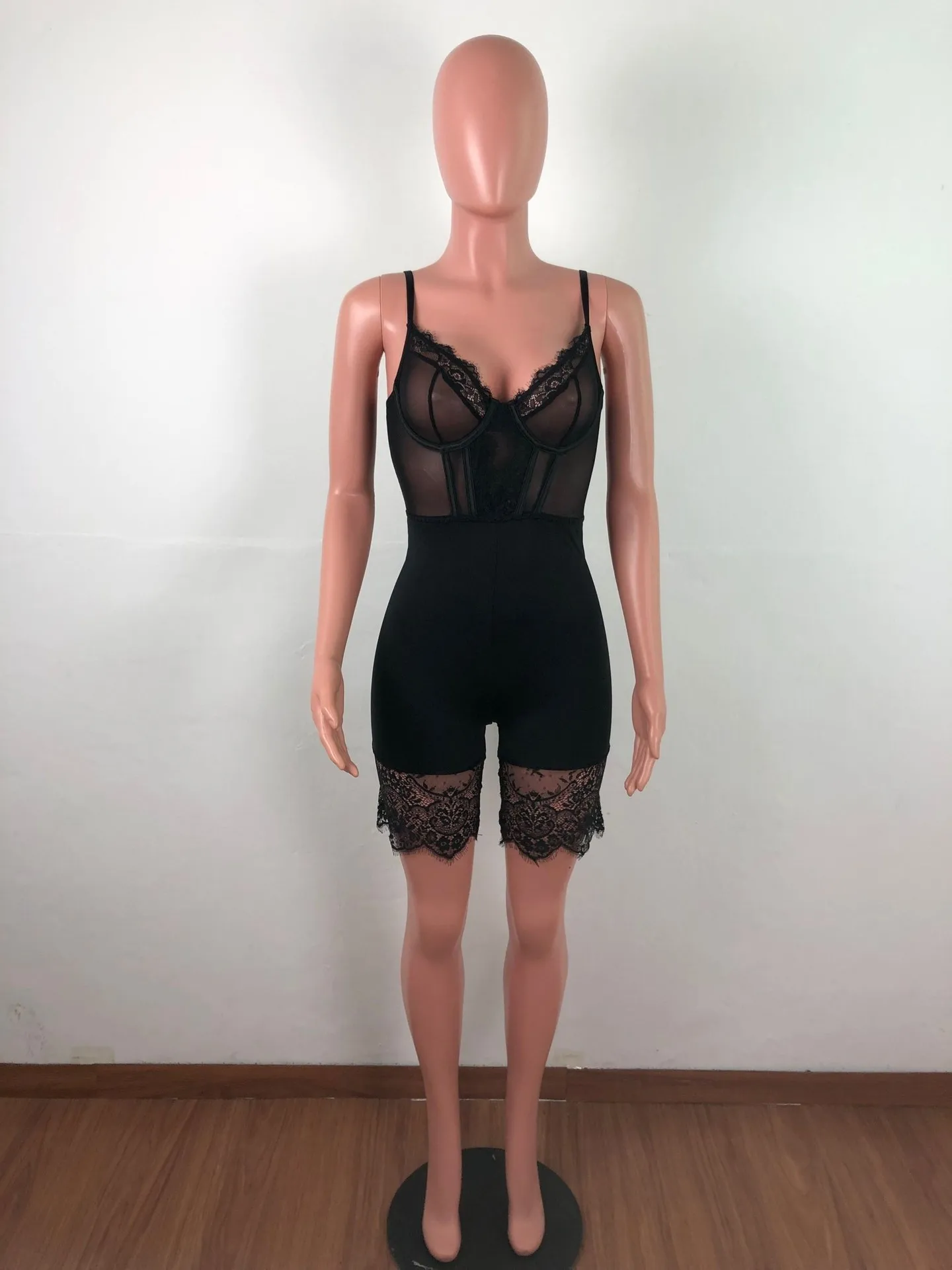 Sexy Spaghetti Straps Bodaysuit Lace See Through Sleeveless Short Romper Women Jumpsuits Solid 6 Color Overalls