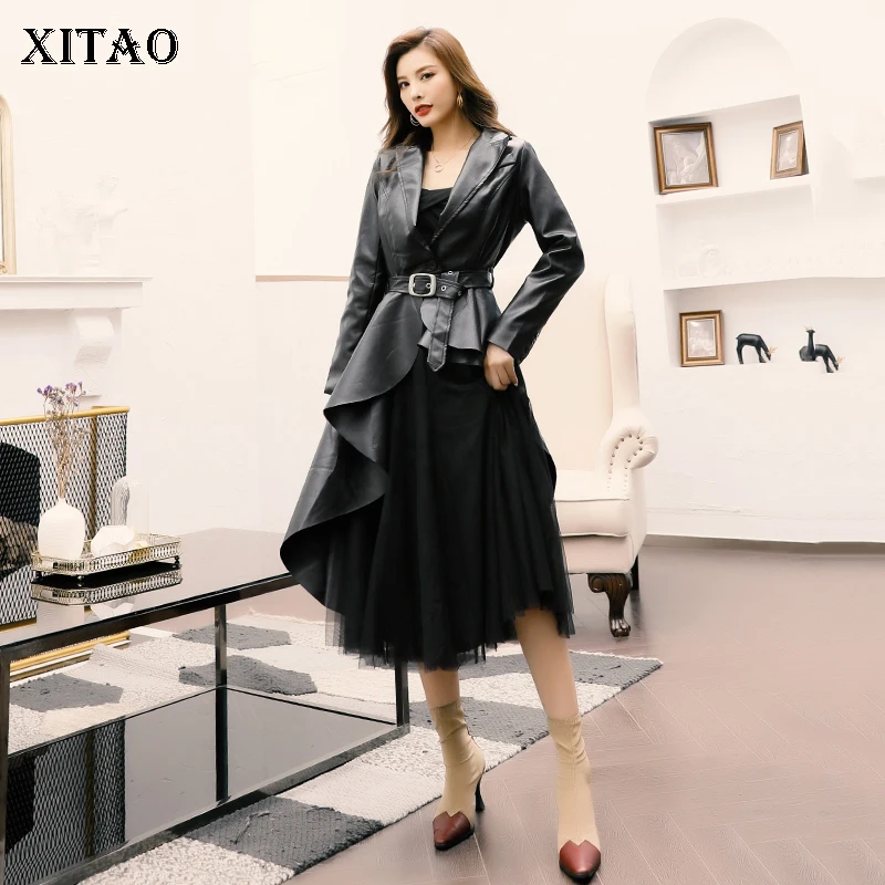 

XITAO Mesh Women Two Piece Set Irregular Bandage PU Single Button Top Fashion Elastic Waist Loose Pleated Skirt DMY2157