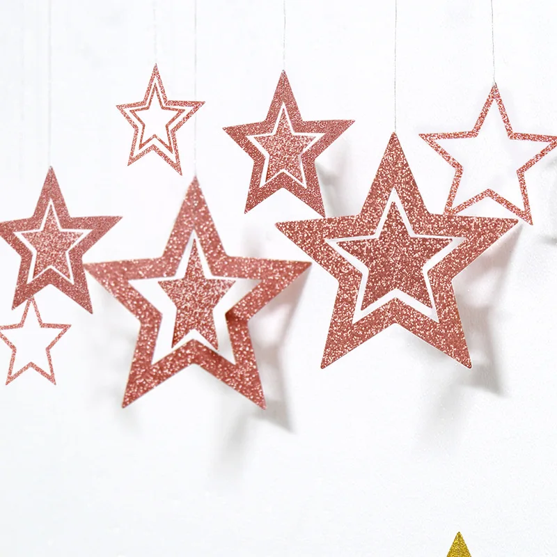 Rose Gold Hollow Star Paper Garlands Banner Hanging for Wedding Christmas Decorations Kids Birthday Party Supplies Baby Shower