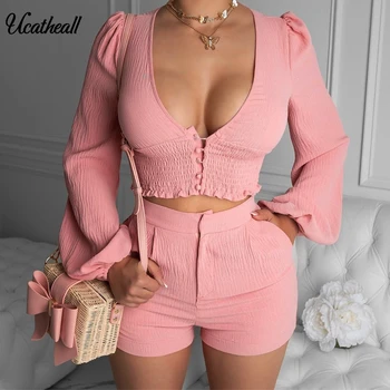 

Shorts Two Piece Set Female V Neck Puff Sleeve Blouse+ High Waist Trousers Waist Ruched V Neck 2 Piece Set Buttons For Women