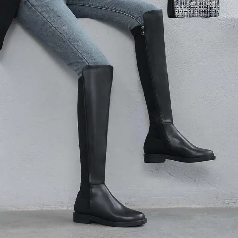balck cow leather Роскошные брендовые сапоги до бедра; женские сапоги для верховой езды; теплые сапоги до колена из натуральной кожи; женские мотоботы; mujer - Цвет: balck cow leather