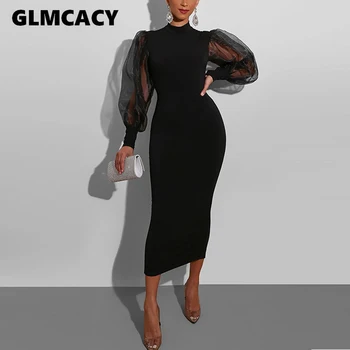

Women Long Sleeve Puff Sleeve See Through Bodycon Dress Elegant Chic Street Style Office Lady Dresses