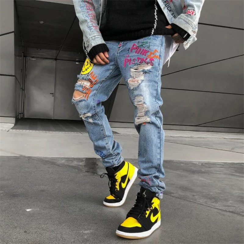 

2019 New Men Skinny Leisure Smiling Face Jeans Slim Fit Stretchy Blue Hole Jeans Cotton Lightweight Comfy Hip Hop Graffiti Denim