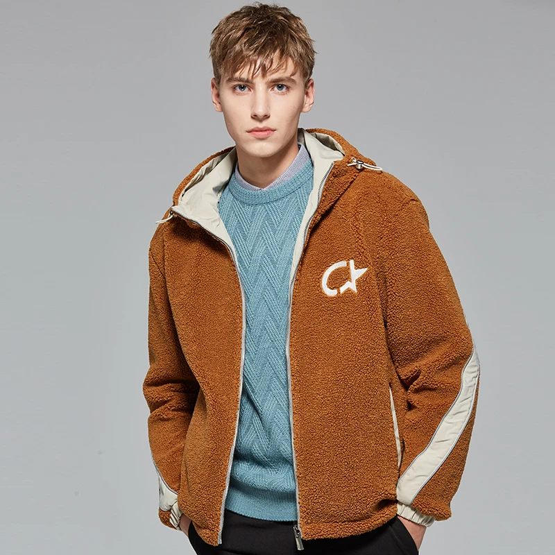 New Arrival Winter Mens White Coats High Quality Double Faced Wool Lamb Thick Warm Jacket Fashion Hooded Casual Loose Jacket - Цвет: Coffee