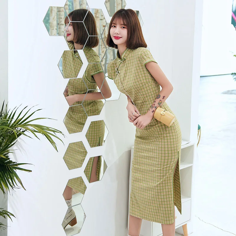 Sheng Coco женское эластичное хлопковое Повседневное платье Cheongsam в клетку