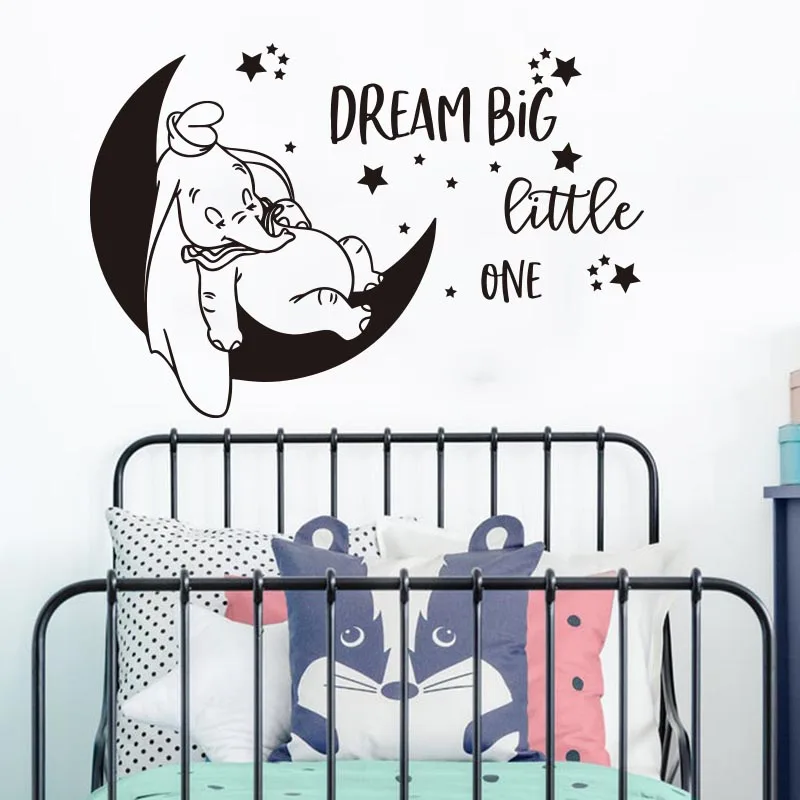 Cartoon Dumbo Moon Star Dream Big Little One Wall Sticker Nursery Kids Room Dumbo Elephant Inspire Quote Wall Decal Vinyl Decor (2)