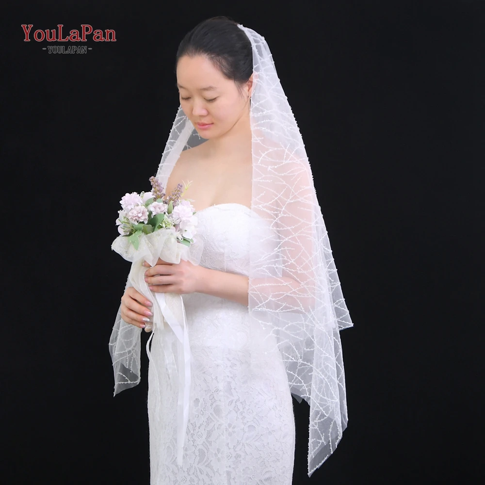 

YouLaPan V39 Hot Sale 1 Tier Fingertip Wedding Veils Shiny Beaded Veil 2020 New Bridal Veil no Comb Luxury Wedding Accessories