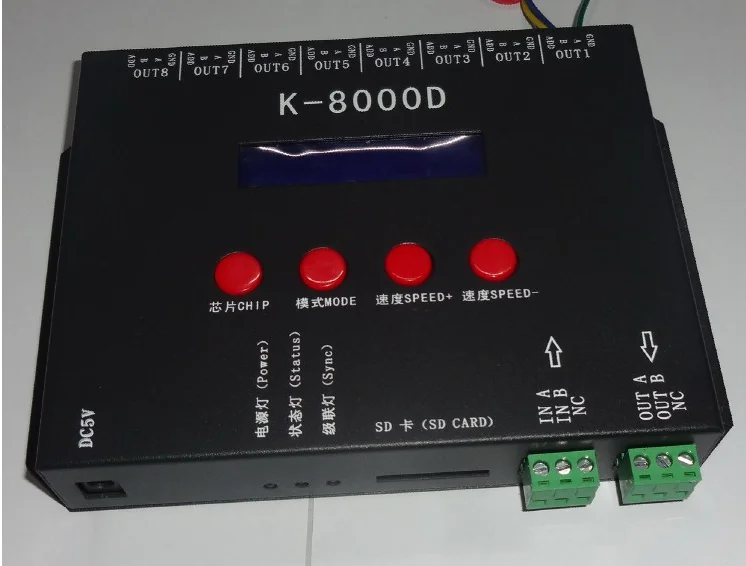 K-8000D;8ports(512pixels*8)DMX SD card pixel controller;support standard dmx512 chip/DMX512AP-N/WS2821A;address writer function