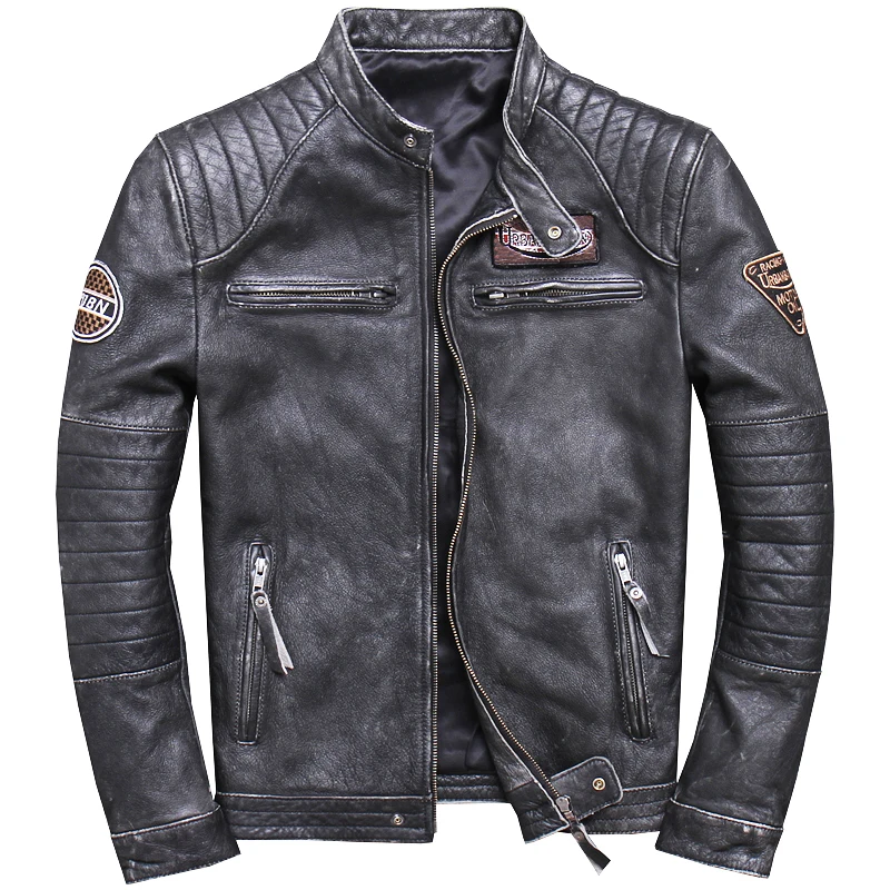 Мужские Винтажные Куртки из натуральной кожи, городские мотоциклетные куртки коричневого и серого цвета с воротником-стойкой, облегающее байкерское пальто для мужчин - Цвет: gray