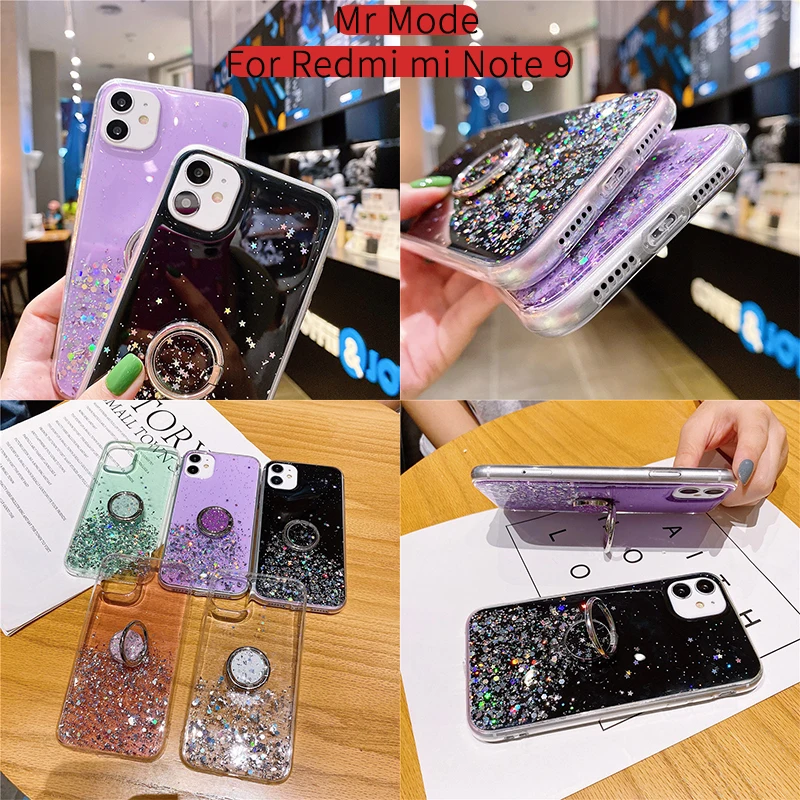 

Transparent Glitter Phone Case Bracket Back Cover Protective Shell For Xiaomi Mi Poco-X3 Nfc For Redmi Note 9 9S 8T 7 10X 5G Pro