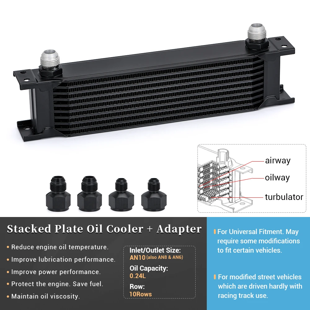 Aluminum Universal British Type Car Engine Transmission AN10 Oil Cooler 10 Row 10AN Female to AN6 AN8 Male Adaptter Fitting