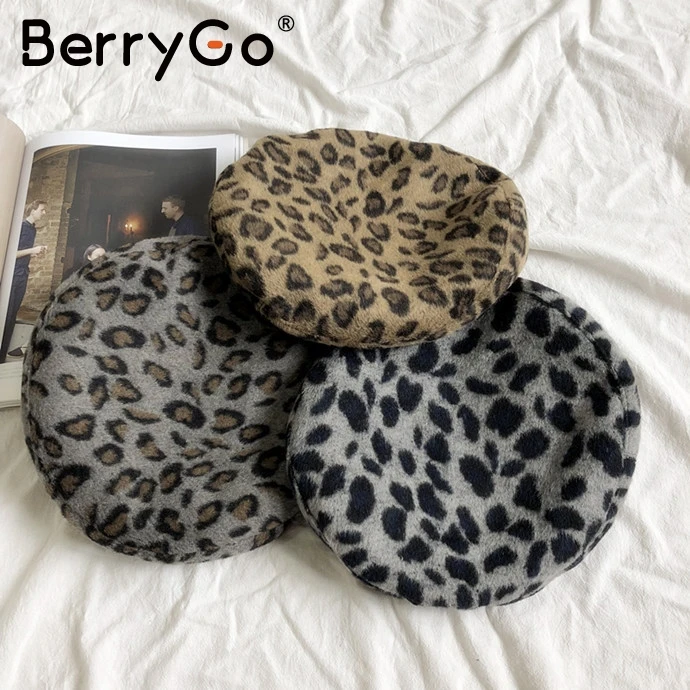 

BerryGo Elegant leopard women beret hat Casual warm streetwear beret hat cap Elastic ladies fashion autumn winter beret beanie