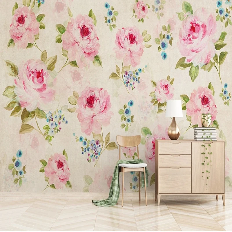 Custom Any 3D Wallpaper Pastoral Hand-Painted Rose Stitching Wall Painting Papel De Parede 3D Paisagem Sticker Fresco Tapety