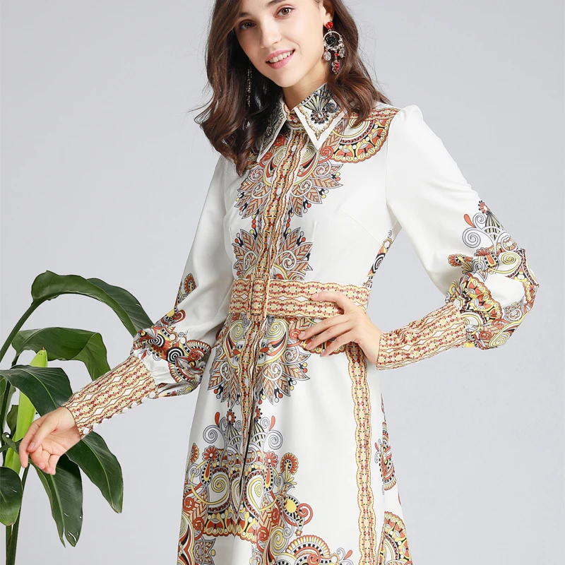 Faldas mujer moda, Осеннее модное винтажное платье, воротник с лацканами, расшитое бисером, пояс со стразами, с принтом, vestido de festa feminina, мини-платье