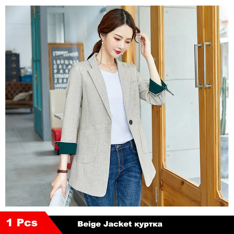 beige jacket Черный Блейзер Куртка 4XL размера плюс для женщин бизнес работа леди одна кнопка полный рукав Длинный блейзер комбинезоны HJJ801925 - Цвет: beige jacket