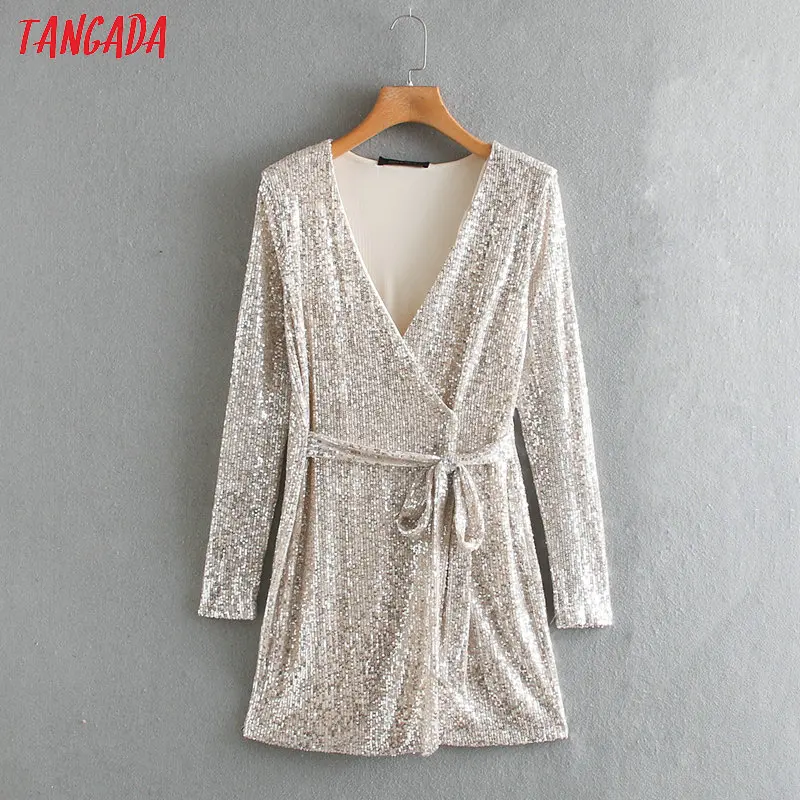 Tangada, женское сексуальное короткое платье с блестками, с поясом, блестящее, длинный рукав, v-образный вырез, туника, женское вечернее платье, vestidos 2XN167