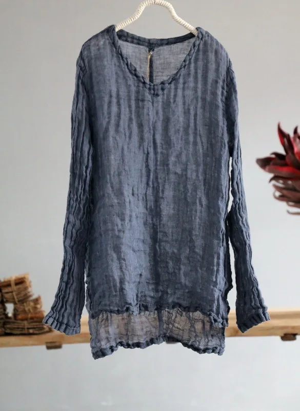 Women Loose V Neck Linen Tops Blouse Shirt Female Vintage Irregular Length Flax Shirt Tops Ladies Blouse 3