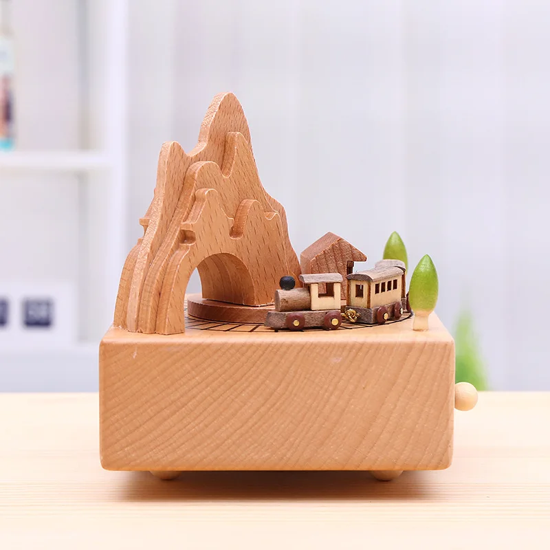 Kongwal Train Crossing the Cave Wooden Music Box Clockwork Type Hand Cranked Music Boxes Wood Crafts Home Decoration Accessories