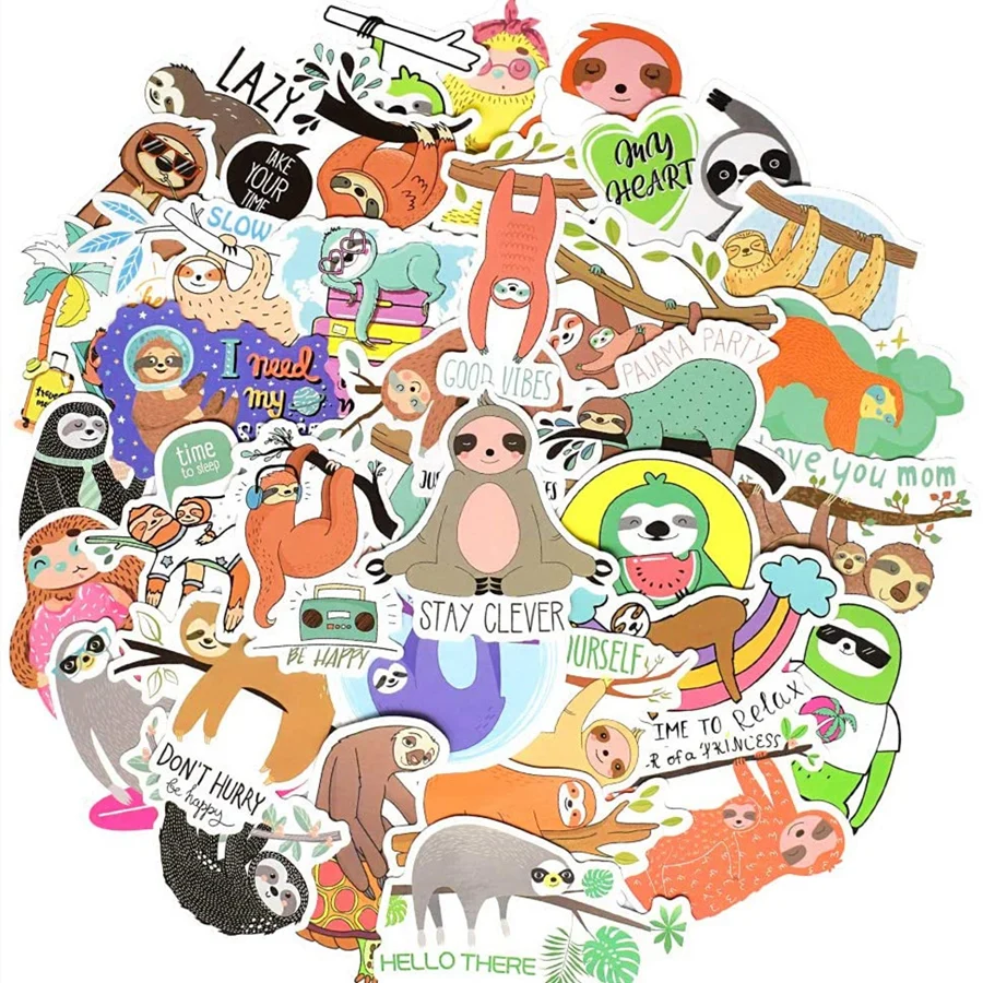 50PCS Cartoon Sloths Stickers for Notebook Laptop Guitar Fridge Stationery Scrapbook Cute Animal Sticker Pack Kids Toys