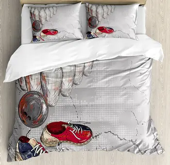 

Bowling Party Decorations Duvet Cover Set Bowling Shoes Pins and Ball Artistic Grunge Style Bedding Set Light Grey Red Dark Blue