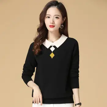 

2020 new spring clothing spring air splicing knitwear fake two women's top pleated collar