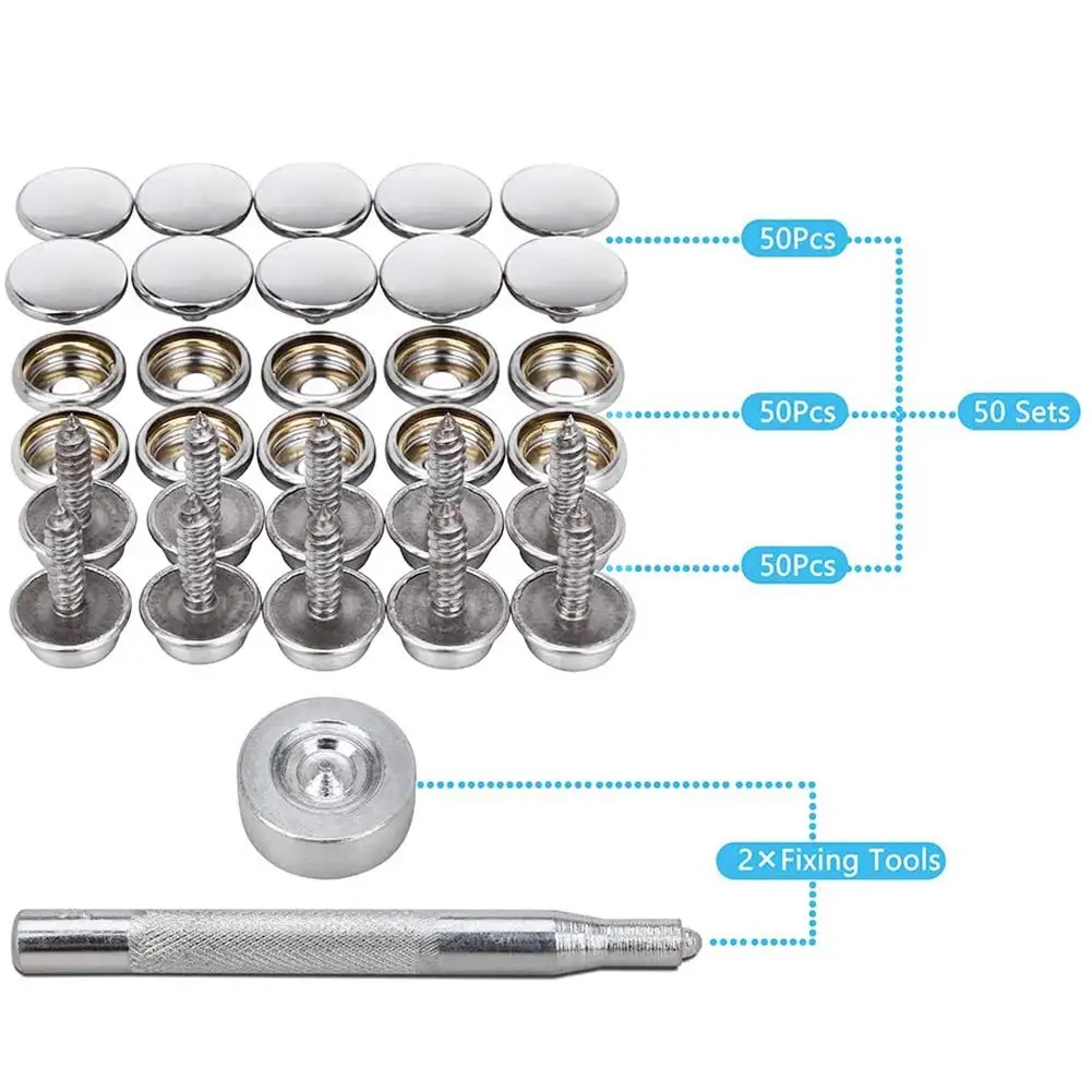 Description Picture 3 of item30/150 Pieces Stainless Steel Marine Grade Canvas and Upholstery Boat Cover Snap Button Fastener Kit 15mm Screws Snaps with tool