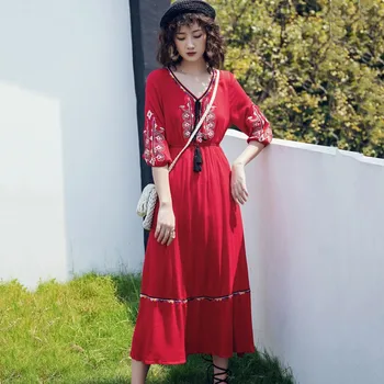 

2019 summer ethnic style dress embroidery side split red bohemian vacation beach women casual dress