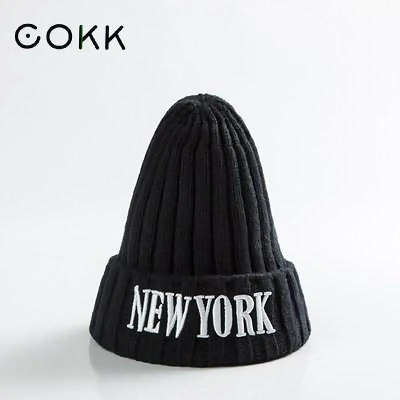 

COKK Hat Women Knitted Beanie Autumn Winter Hats For Women Men Unisex Children Striped Embroidery New York Beanie Hats Bonnet