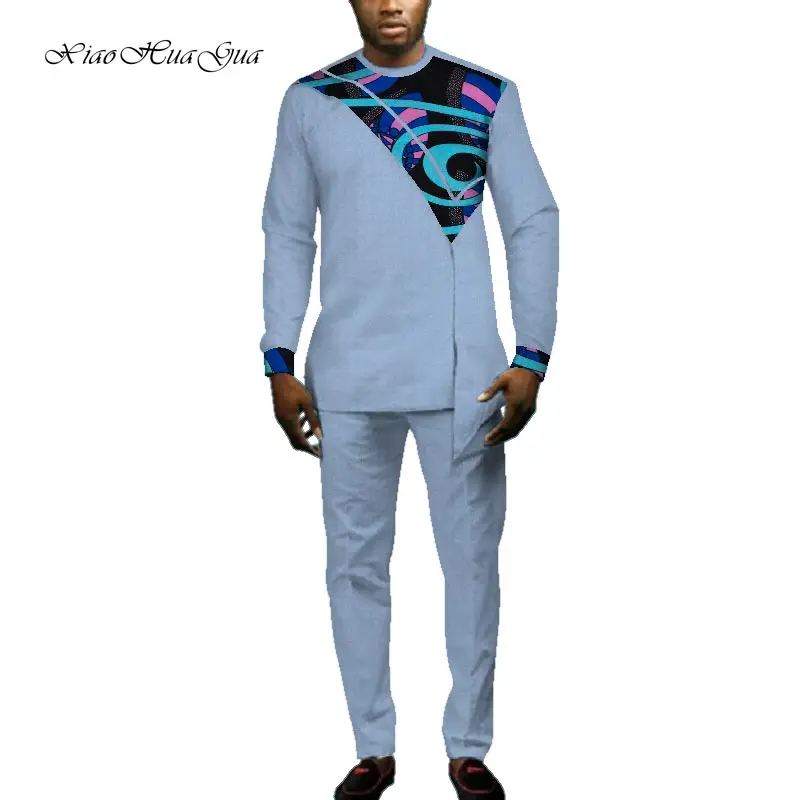Повседневные Вечерние мужские африканская одежда Дашики рубашка с длинными рукавами и брюки для девочек комплект принт мотобрюки лоскутное хлопок WYN693 - Цвет: 1