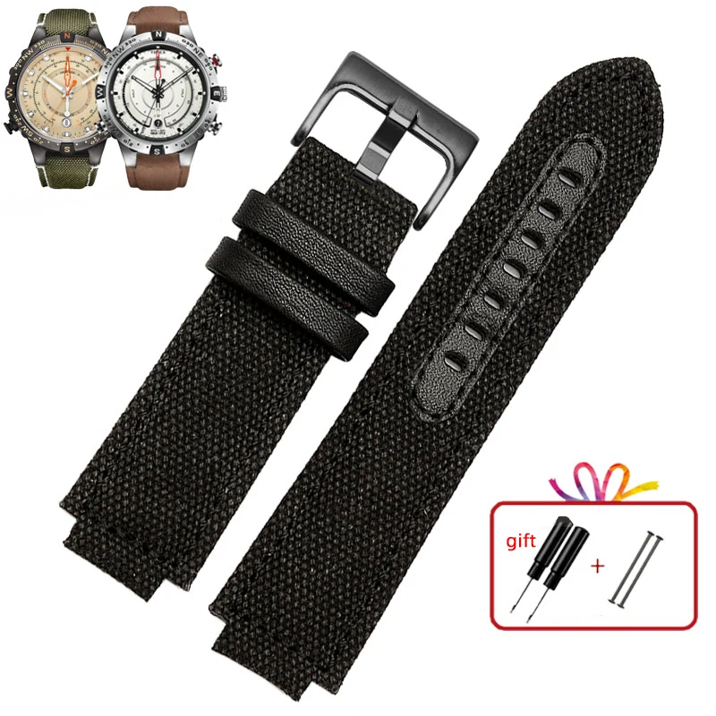 Premium Genuine Leather Watch Strap with Canvas Accents - Men's Convex Mouth Design