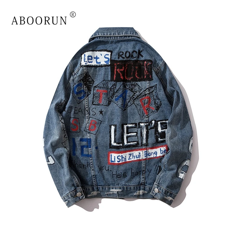 

ABOORUN Hip Hop Graffiti Denim Jackets Men's Ripped Denim Jackets Hi Street Male Cotton Coat Streetwear