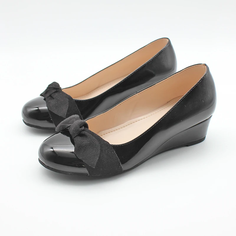 

Girls Kids Low Mid Wedge Heel Slip On Court Party Wedding Shoes Bow-tie Shoe