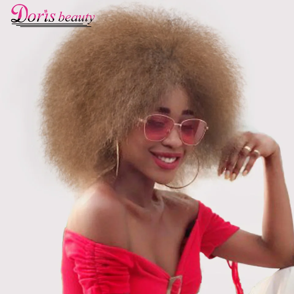 

Doris beauty Synthetic Afro Wig for Women Yaki Straight Short Wig Cosplay Light Brown Black Dark Red Color Hair