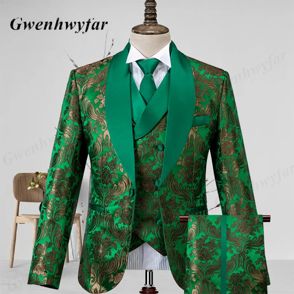Gwenhwyfar Star Green Pattern Fabric Men Suits 2022 Tailor-made Groomsmen Best Man Tuxedos Suit with Gold Loquat Flower 3 Pieces