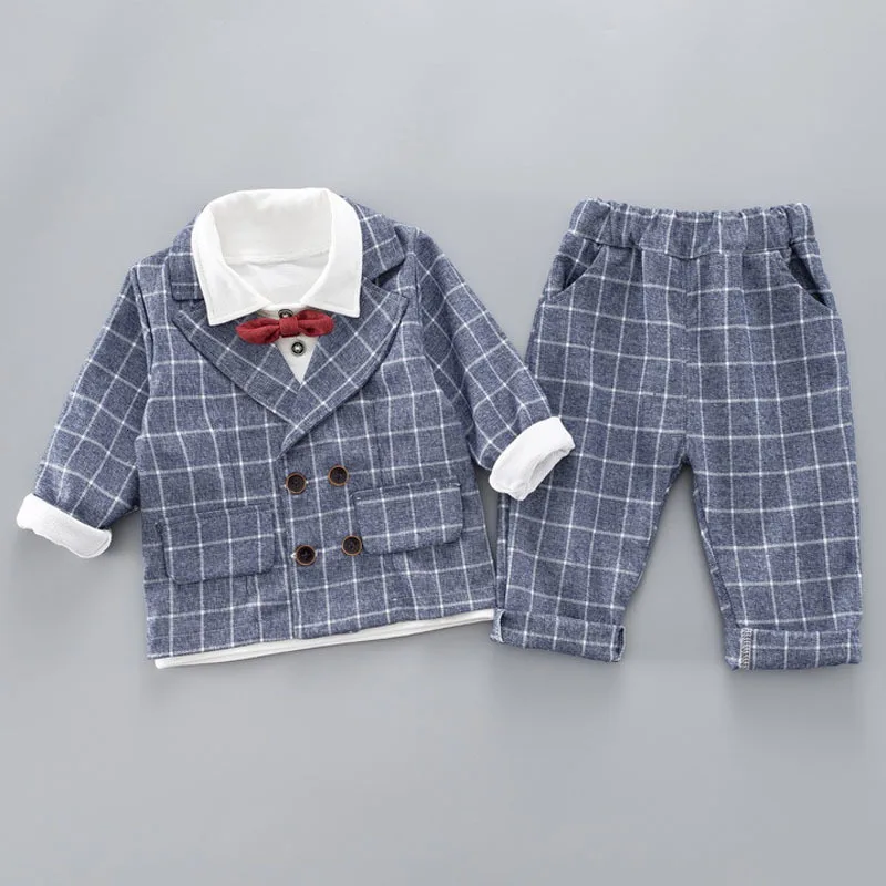 Комплекты одежды для мальчиков костюм в клетку детский деловой костюм из 3 предметов для мальчиков детская куртка+ штаны+ рубашка с бантом, комплект одежды