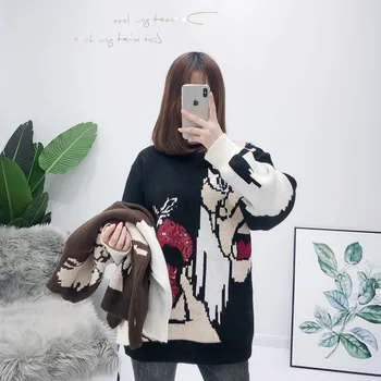 

Shirt Pullover Sweater Loose Cartoon Jacquard Sequin Knitting Long Sleeve V-neck Casual Crew Neck