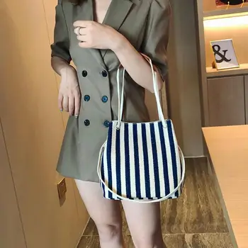 

Women Shoulder Bag Fashion Striped Women Handbags Canvas Casual Large Capacity Shoulder Bag Ladies Shopping Bucket Bag
