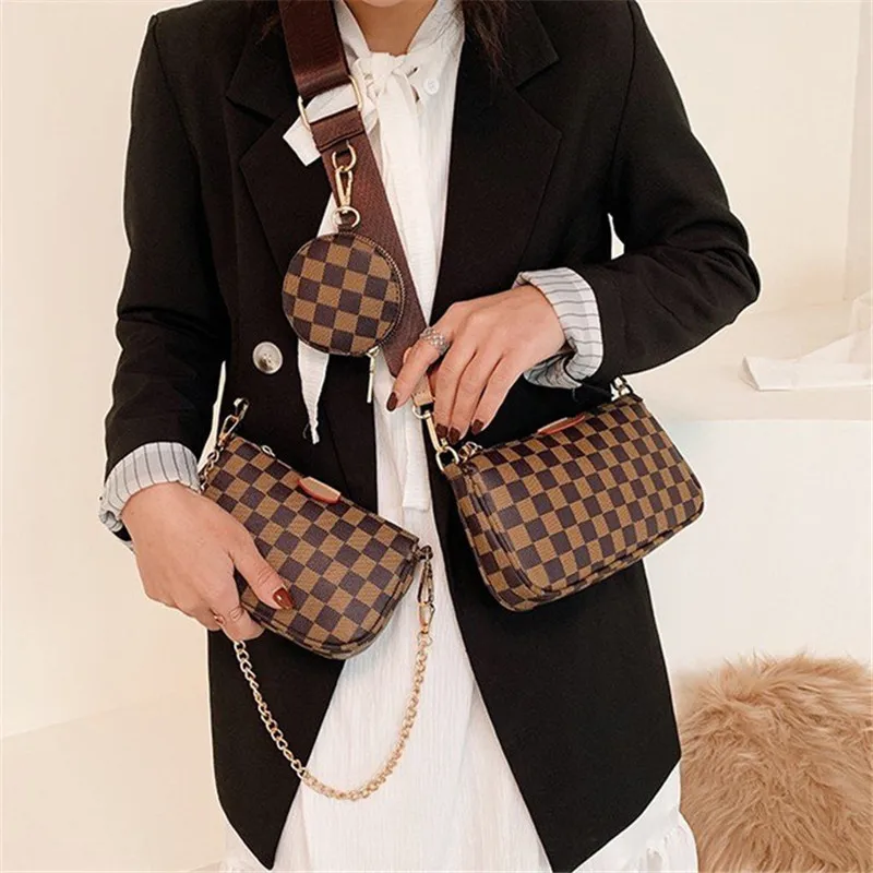 

2020 New Louis Brand Three-piece Small Square Bag Diamond Lattice Famous Design Women Purse and Handbags Shoulder Messenger Bags