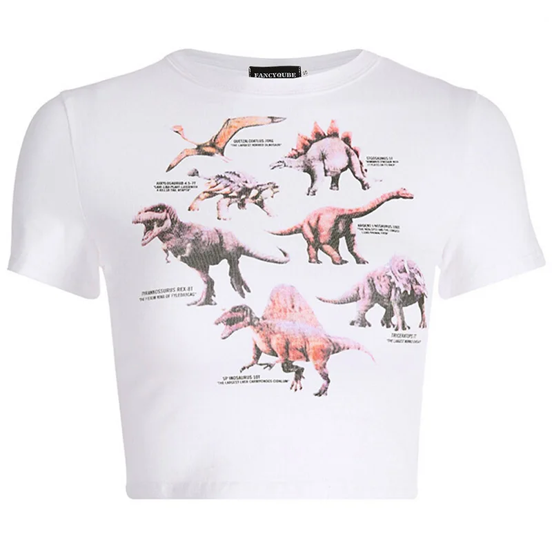 Harajuku укороченная белая футболка с принтом динозавра Женская Повседневная летняя футболка с круглым вырезом и коротким рукавом