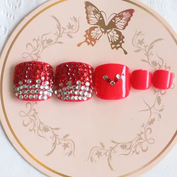 

24pcs latest crystal diamond candy color handmade toenail fake nails red
